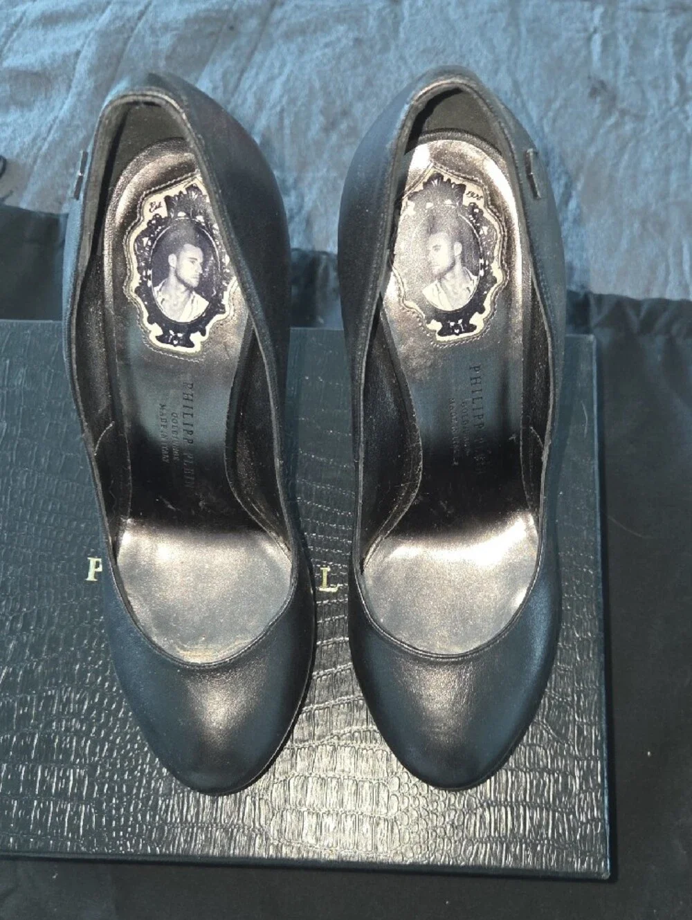 Authentic Philipp Plein Black Leather Platform Stiletto Pumps SWAROSKI Skull